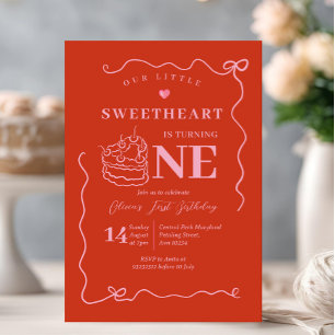 Pink Red Cake Little Sweetheart Turning One Invitation