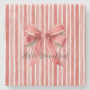 Pink Red Candy Cane Stripes Bow Stone Coaster