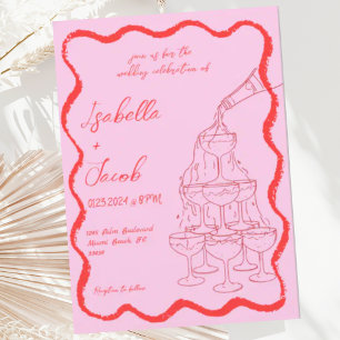 Pink Red Champagne Tower Wavy Hand Drawn Wedding Invitation