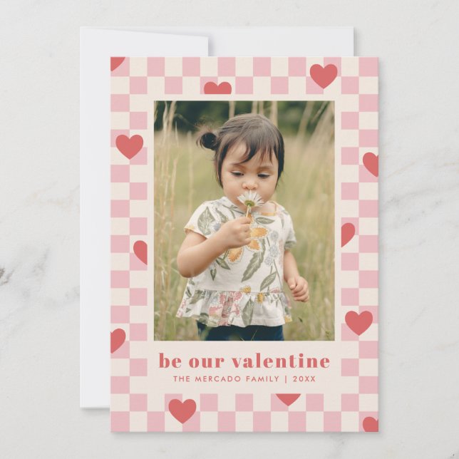 Pink Red Chequerboard Hearts Valentine's Day Card (Front)