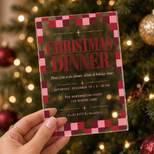 Pink & Red Chequered Christmas Dinner Acrylic Invitations