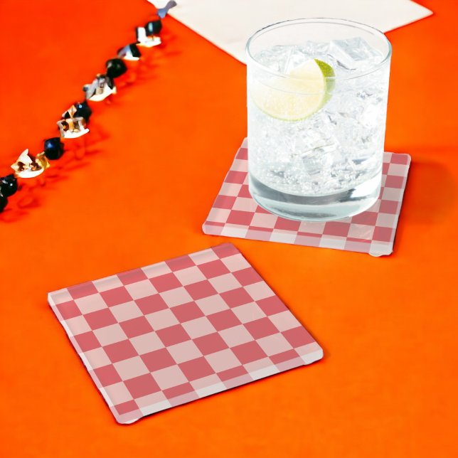 Pink Red Chequered Gingham Pattern Glass Coaster (Zazzle Pink Red Checkered Gingham Pattern Glass Coaster)