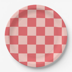 Pink Red Chequered Gingham Pattern Paper Plate