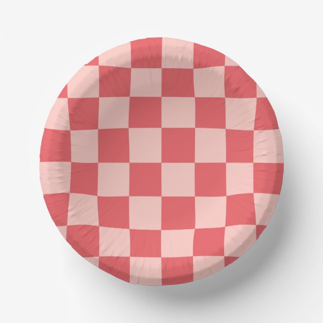 Pink Red Chequered Gingham Pattern Paper Plate (Front)