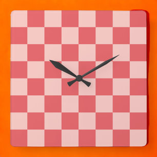 Pink Red Chequered Gingham Pattern Square Wall Clock
