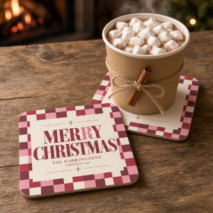 Pink & Red Chequered Merry Christmas Square Paper Coaster