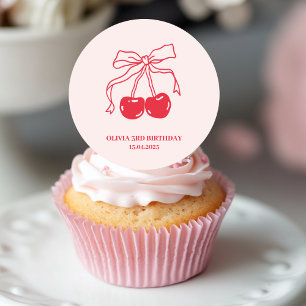 Pink & Red Cherry Birthday Classic Round Sticker