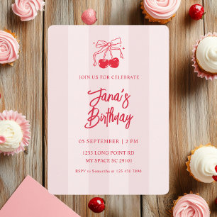 Pink & Red Cherry Birthday Party Invitation
