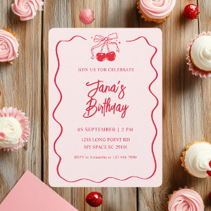 Pink & Red Cherry Birthday Party Invitation