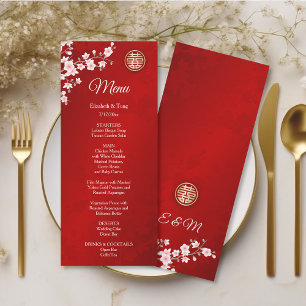 Pink Red Cherry Blossom Chinese Wedding Menu Card