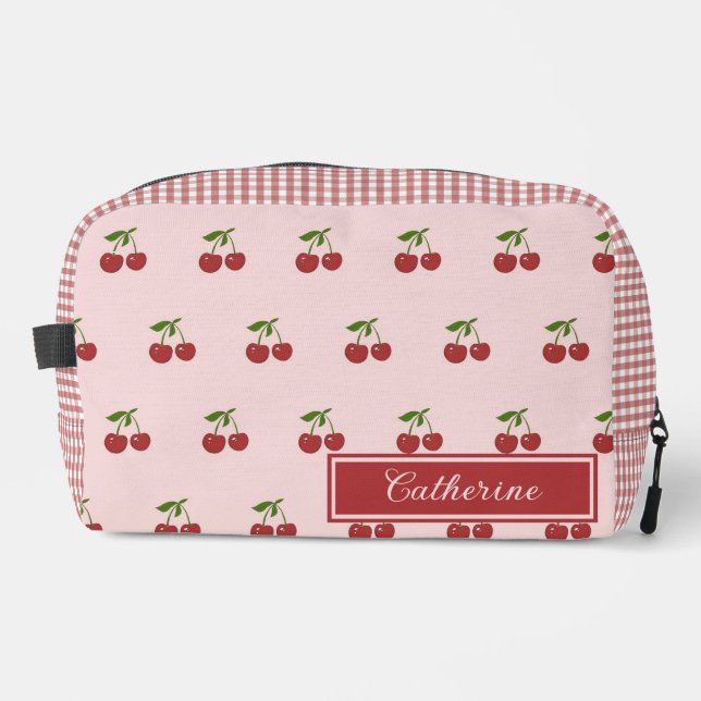 Pink Red Cherry Gingham Pattern Simple Fruit Dopp Kit (Front)