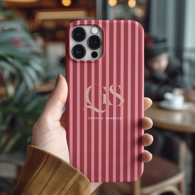 Pink & Red | Chic Stripes Monogram  iPhone Case (Creator Uploaded)