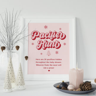 Pink Red Christmas Baby Shower Pacifier Hunt Game Poster