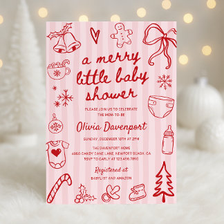 Pink Red Christmas Doodle Merry Little Baby Shower Invitation