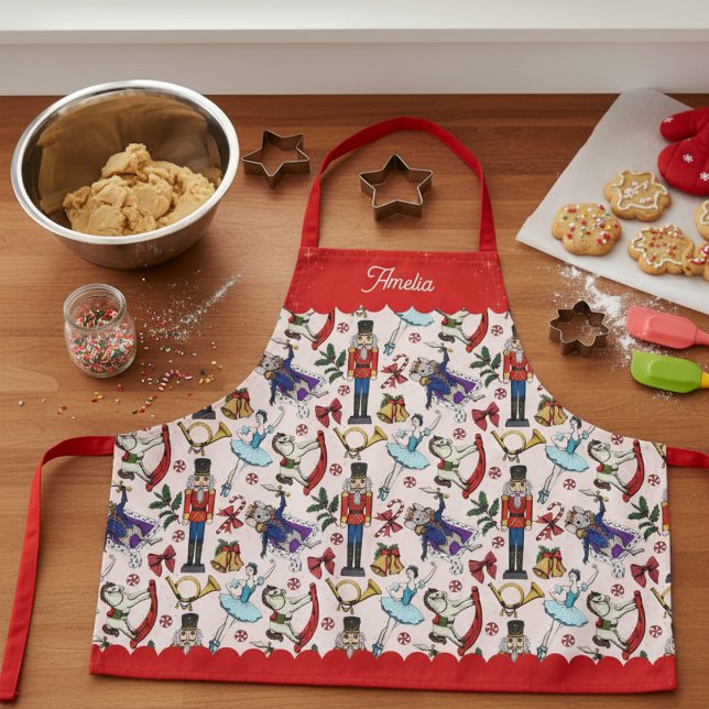 Pink & Red Christmas Nutcracker Ballet Kids Apron (Cute Pink and Red Christmas Kids Cookie Baking Apron. Nutcracker Ballerina Mouse King Ballet Pattern)