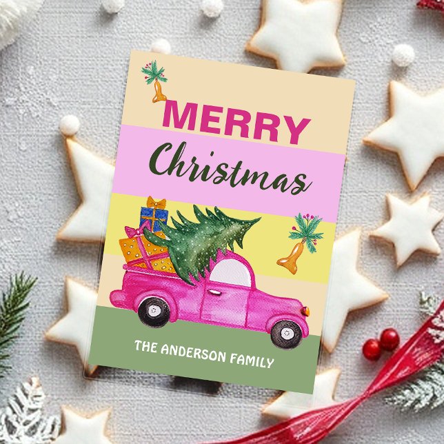 Pink Red Christmas Trunk Watercolor Art Holiday Card (Creator Uploaded)