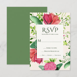 Pink & Red Clover Floral Greenery Wedding RSVP Card