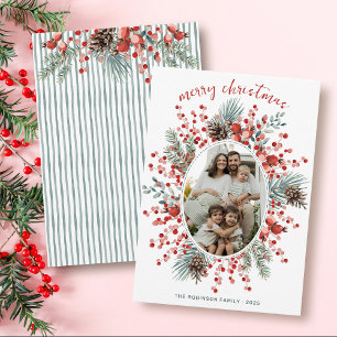 Pink Red Colourful Greenery Wreath Photo Christmas Holiday Card