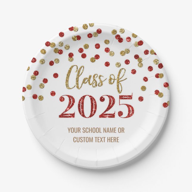 Pink Red Confetti Graduation 2025 Paper Plate (Front)