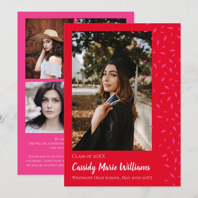 Pink Red Confetti Graduation Announcement (Front/Back)