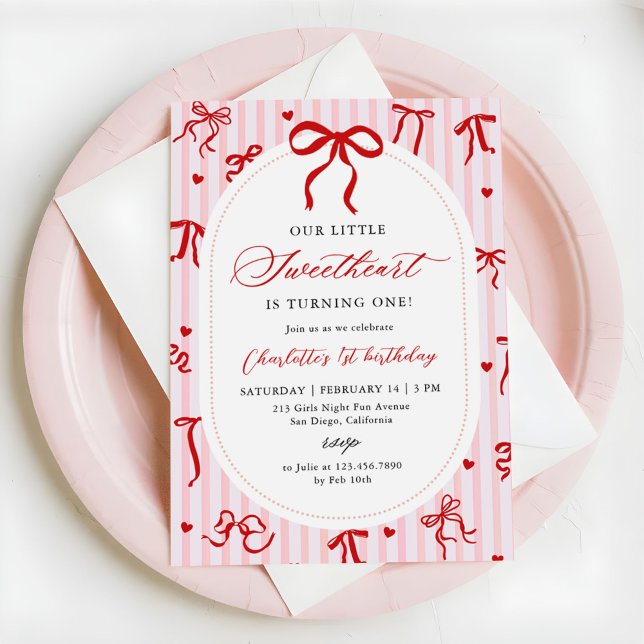 Pink Red Coquette Bow Valentine 1st Birthday Invitation (Creator Uploaded)