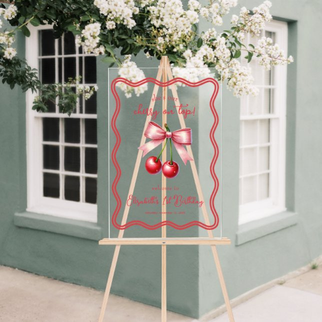 Pink Red Coquette Cherry 1st Birthday Welcome Acrylic Sign (Pink Red Coquette Cherry 1st Birthday Welcome Acrylic Sign)