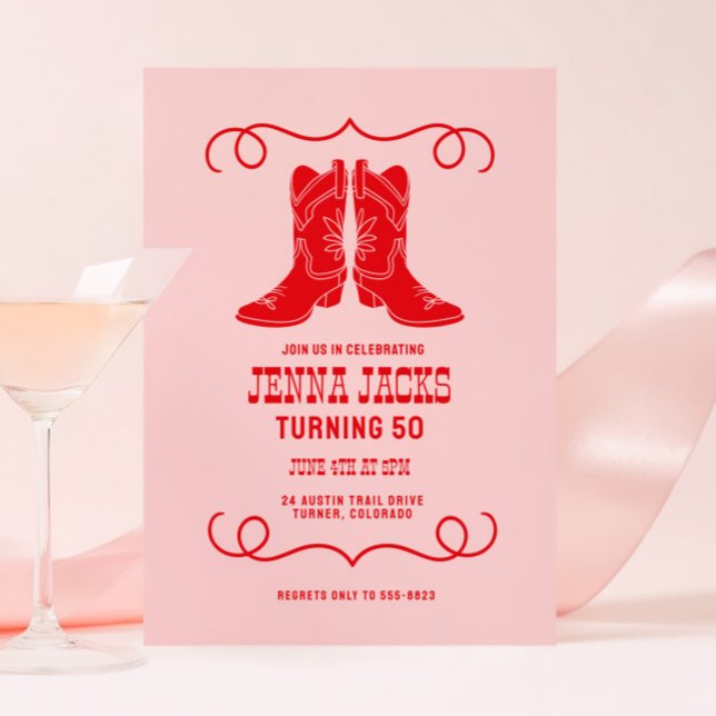 Pink Red Cowgirl Boots Ladies Birthday Party Invitation (Creator Uploaded)