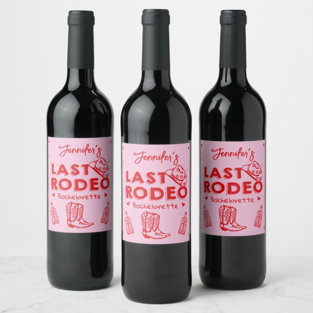 Pink Red Cowgirl Last Rodeo Bachelorette Party Wine Label (Bottles)