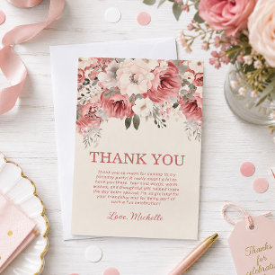 Pink Red Cream Watercolor Floral Birthday Thank You Card