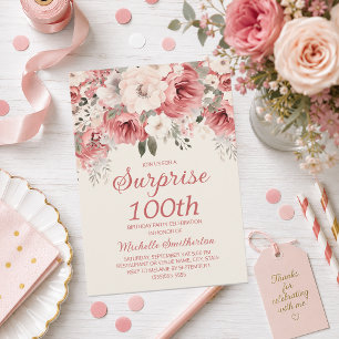 Pink Red Cream Watercolor Floral Surprise 100th Invitation