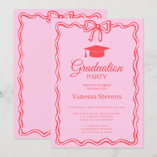 Pink Red Curve squiggle wavy Graduation Cap Party  Invitation
