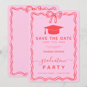 Pink Red Curve Wavy Graduation Save the Date Invitation