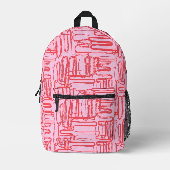 Pink Red Curve Wavy Squiggle Abstract Modern Printed Backpack (Front)