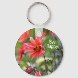 Pink & Red Dahlia Bee Happy Flowers Motivational Key Ring