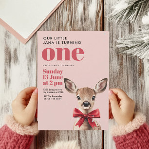 Pink & Red Deer Birthday   Winter Woodland Party Invitation
