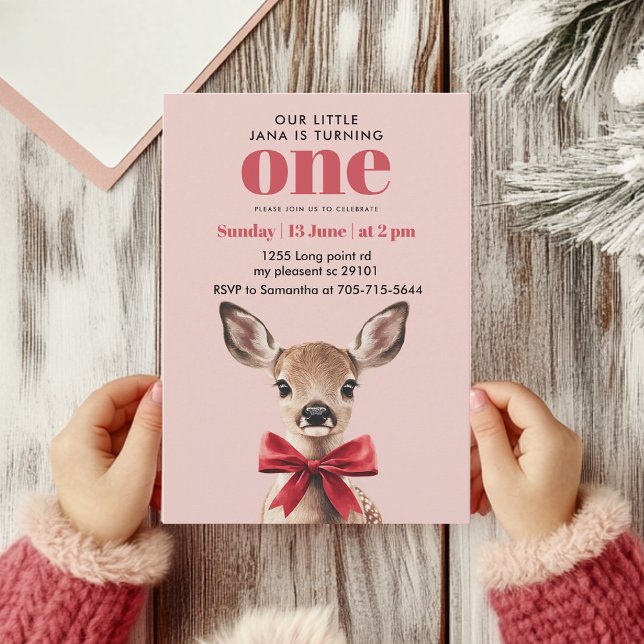 Pink & Red Deer Birthday | Winter Woodland Party Invitation (Creator Uploaded)