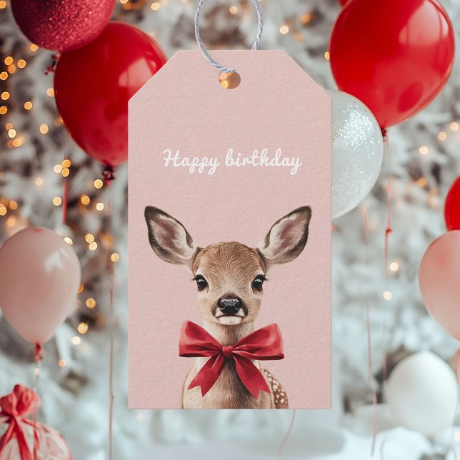 Pink & Red Deer Gift Tag | Woodland Birthday Party (Creator Uploaded)