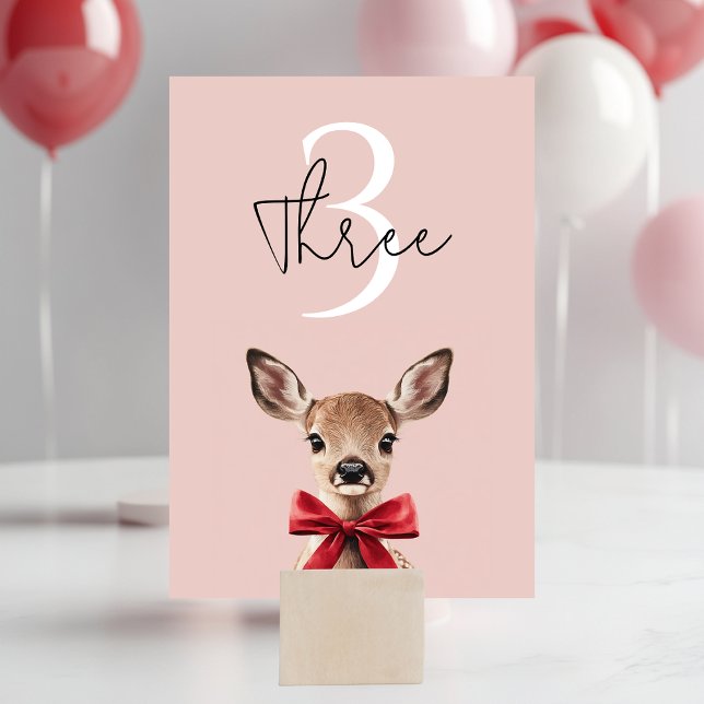 Pink & Red Deer | Woodland Birthday Party Table Number (Creator Uploaded)