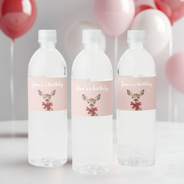 Pink & Red Deer  | Woodland Birthday Party Water Bottle Label (Creator Uploaded)