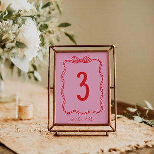 Pink Red Doodle Cute Wedding Hand-Drawn Table Number