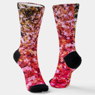 Pink red fall autumn maple leaves socks