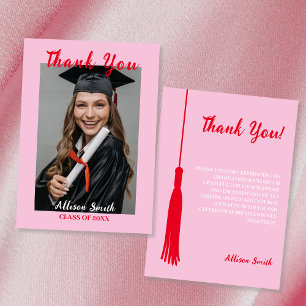 Pink & Red  Feminine Photo Graduation Thank You Card