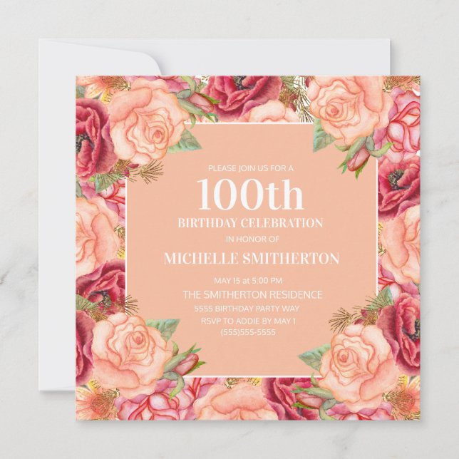 Pink Red Floral 100th Birthday Party Women Invitation (Front)