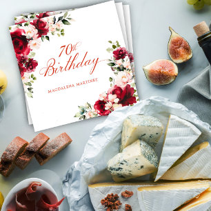 Pink Red Floral 70th Birthday Custom Cocktail Napkin