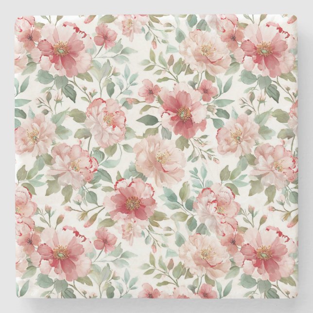 Pink Red Floral Birthday Stone Coaster (Front)