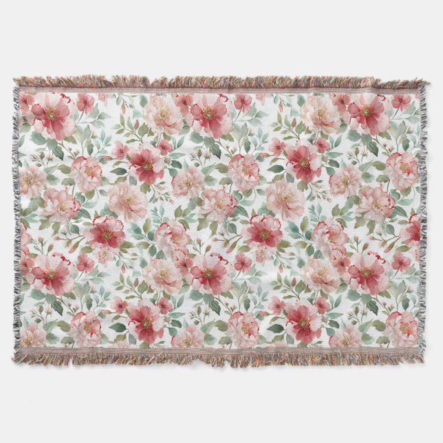 Pink Red Floral Birthday Throw Blanket (Front)