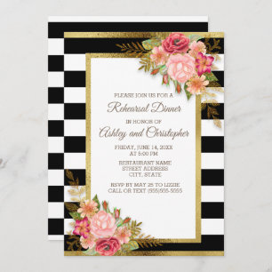 Pink Red Floral Black White Stripes Gold Wedding Invitation