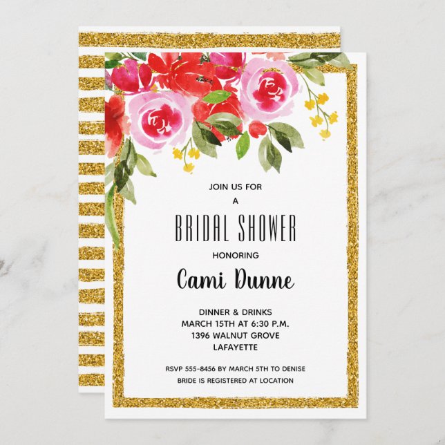 Pink Red Floral Bridal Shower Glitter Invites (Front/Back)