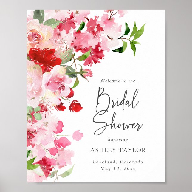Pink Red Floral Bridal Shower Poster (Front)
