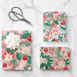 Pink Red Floral Christmas Wrapping Paper Sheet<br><div class="desc">A bright pink red floral Christmas pattern is based on a retro design like those popular in the last midcentury, 1950s. Mixed in with the lovely floral elements are cute matching and contrasting baubles and ornaments. All these resting amidst emerald green leaves and other foliage. Each of the three sheets...</div>